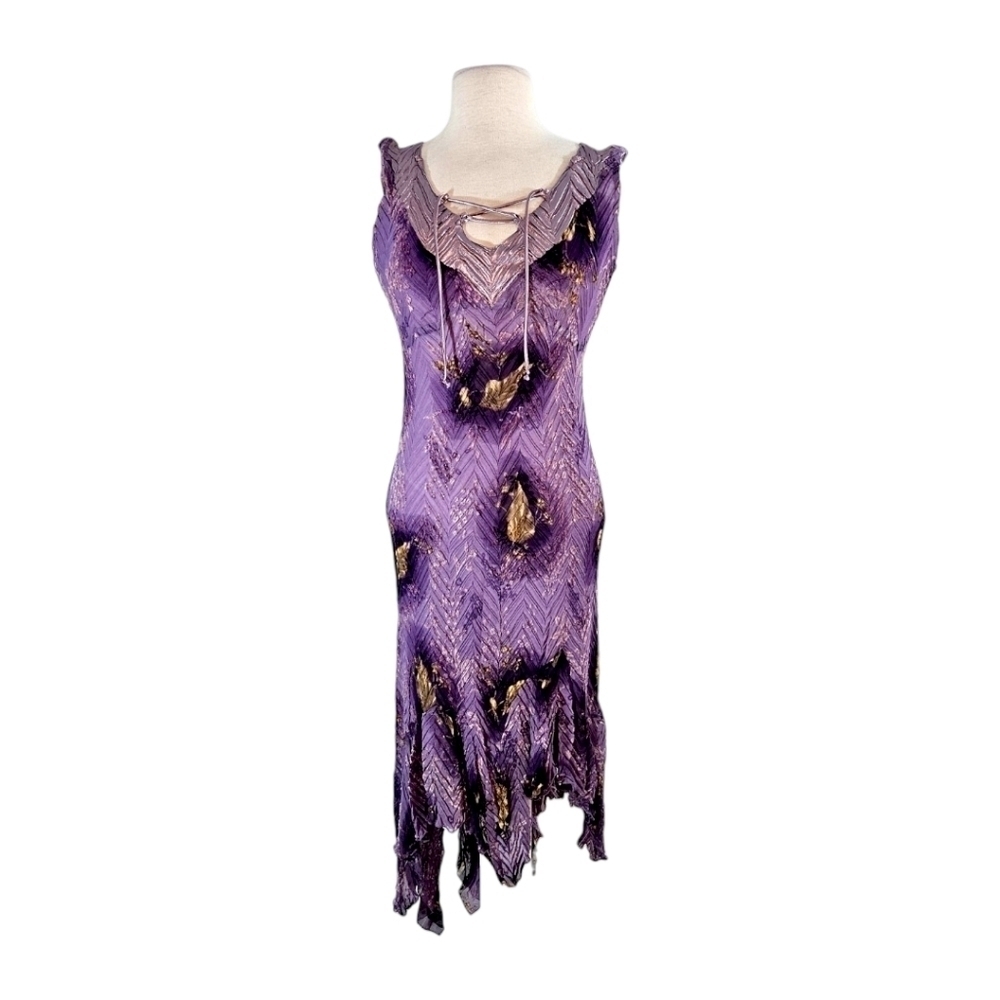 Komarov Purple & Gold Leaf Print Cocktail Dress